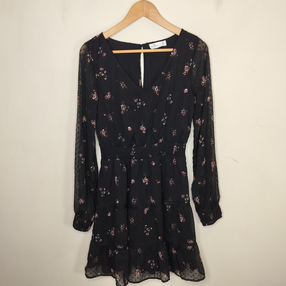 Hollister‎ Floral Chiffon Dress Sheer Long Sleeve Tiered Boho